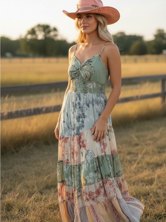DAVI & DANI Dresses & Skirts - DAVI & DANI Multi-Panel Floral Tiered Maxi Dress in Sage and Cream